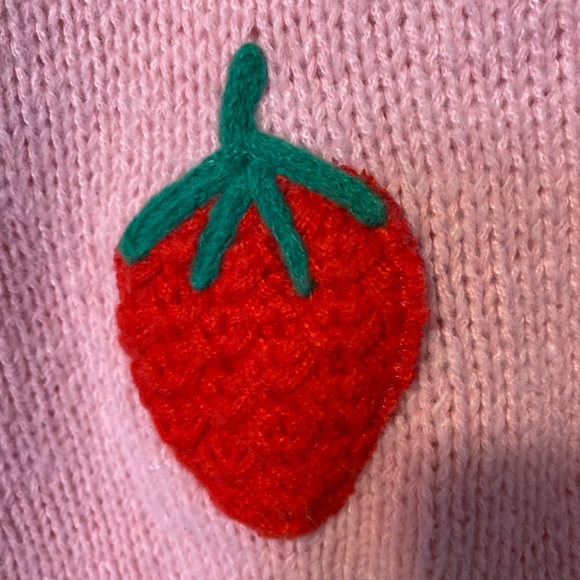 Hand made, hand knitted pink cardigan with red strawberrys - Picture 3 of 3